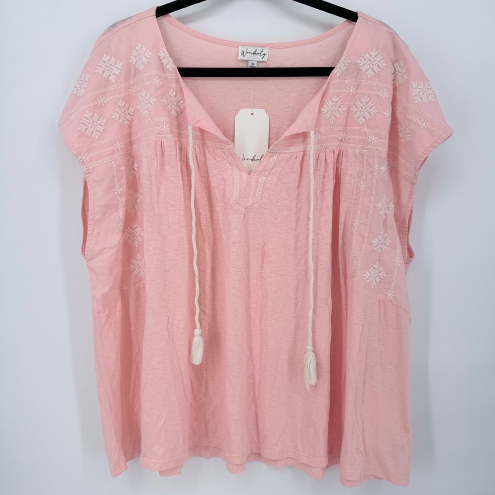 Wonderly Cotton Modal Embroidered Top Womens 3X Peach NWT Boho Tassel Blouse